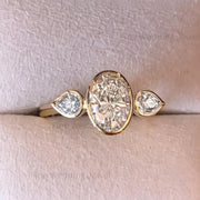 Oval Pear Moissanite Trilogy Ring: Modern 14K Gold 3 Stone Engagement Bridal