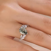 Pear Moss Agate Engagement Ring: Leaf 14K White Gold Bridal Band