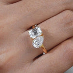 Load image into Gallery viewer, Moissanite Toi et Moi Ring: Pear & Emerald Cut, 14K Yellow Gold
