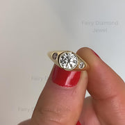 Round Cut Moissanite Signet Wedding Ring: 14K Gold Round Accent Engagement Stacking Promise Solitaire Ring for Women