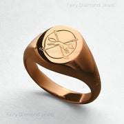 14K Gold Oval Fox Signet Ring with high polish finish and engraved archer design on chunky stacking band