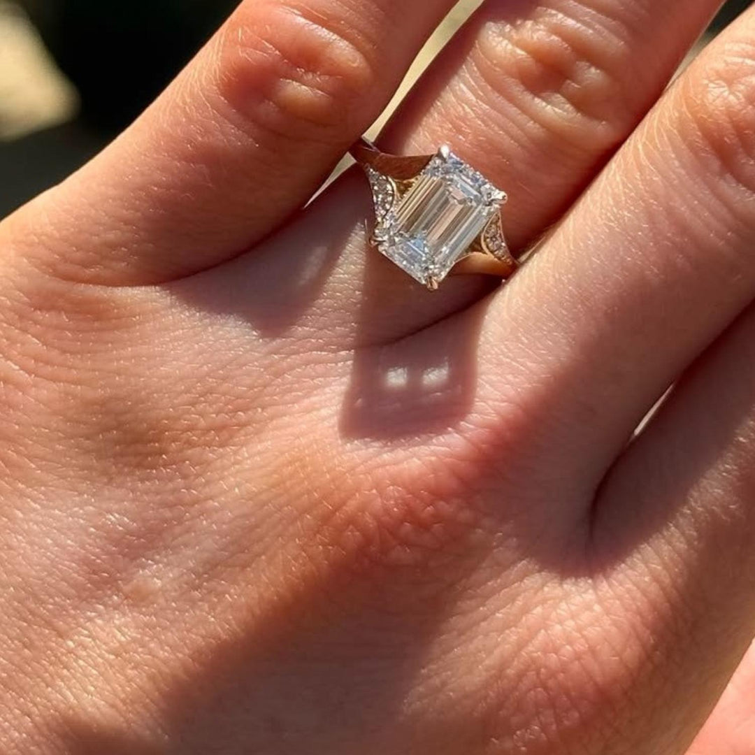 Emerald Cut Moissanite Wedding Solitaire Ring: Diamond Halo, 14K Split Shank Gold Engagement Ring