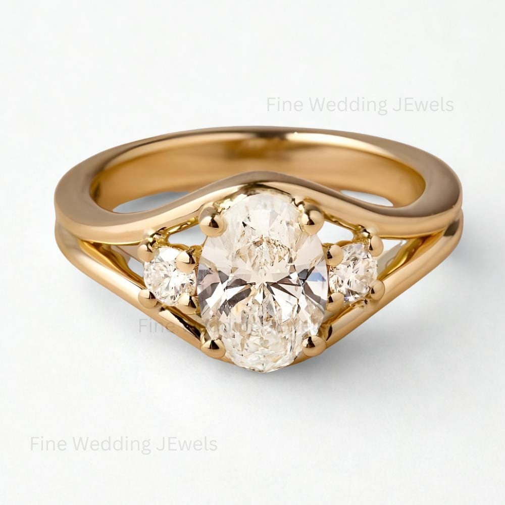 1.5Ct Oval Moissanite Trilogy Split Shank Ring: Unique 14k Gold Art Deco Wedding Engagement Promise Ring for Women