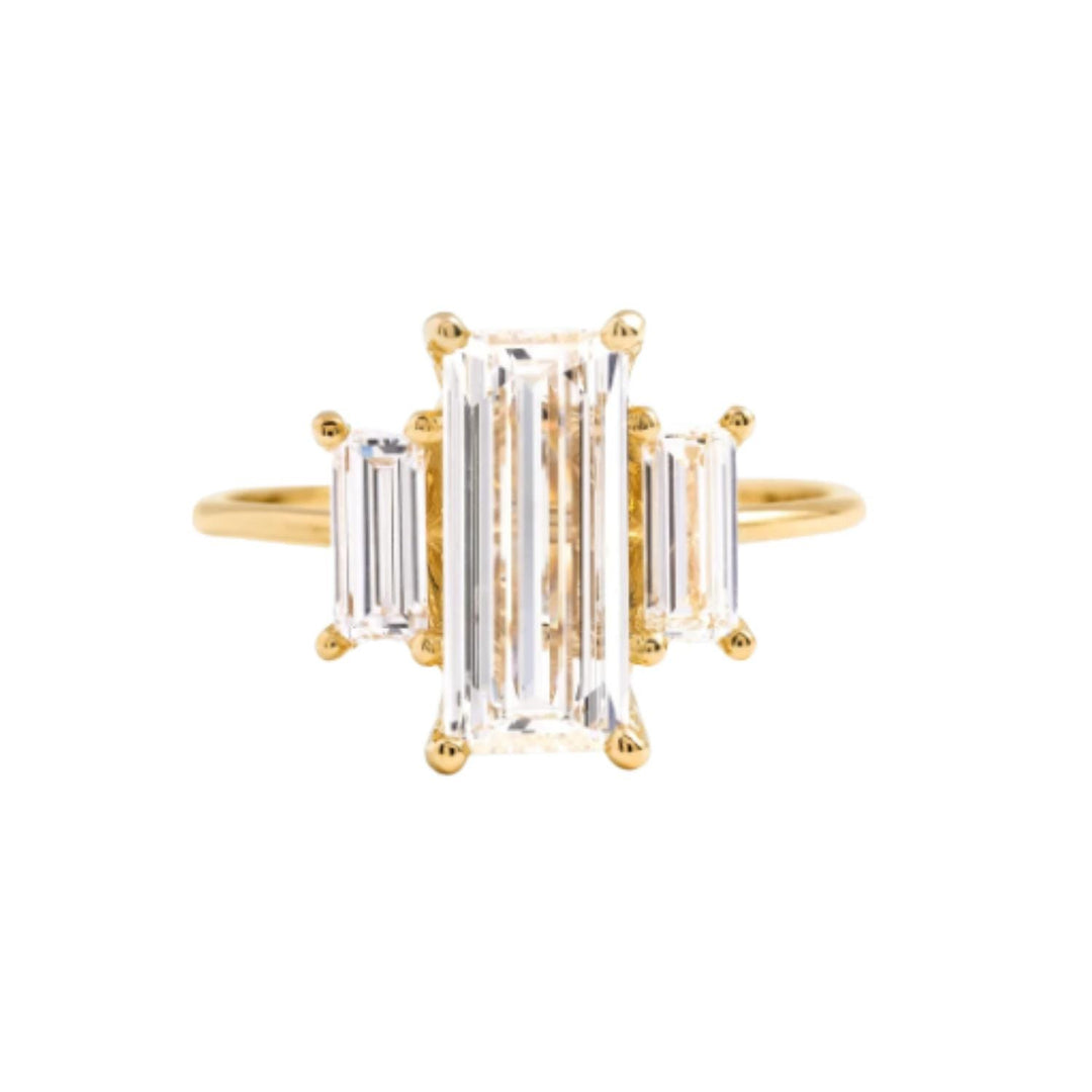 Baguette Moissanite Trilogy Ring: 18K Rose Gold Plated Promise Ring