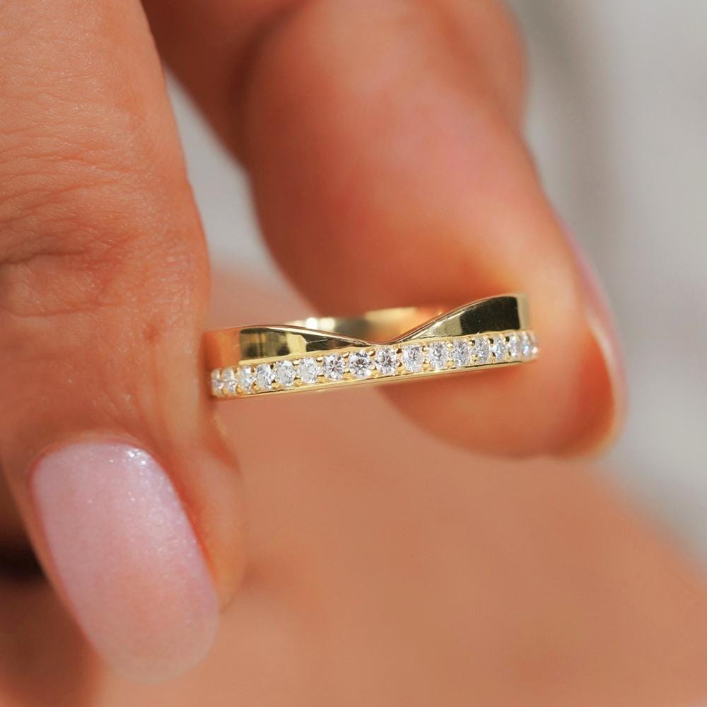 Lab Grown Diamond Pave Cigar Wedding Band, Unique Minimalist V Shaped Round Diamond Chevron Curved  Stacking Thick Wide Engagement Ring