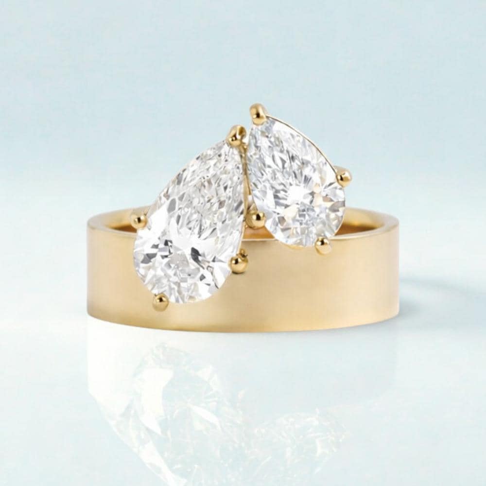 Pear Cut Moissanite 14K Yellow Gold Wedding Band: Unique Wide Teardrop Engagement Ring