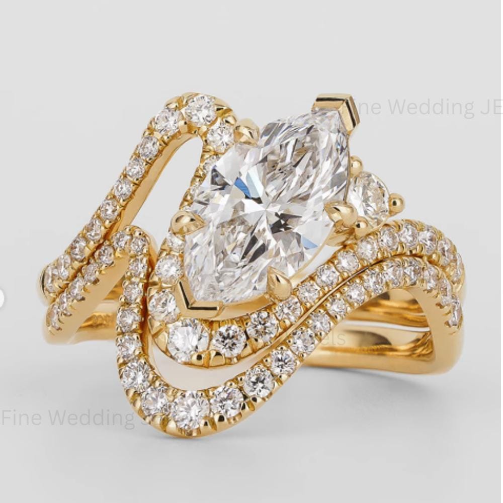 East West Marquise Moissanite Ring Set, 14k Gold Pave Chevron Wedding Band