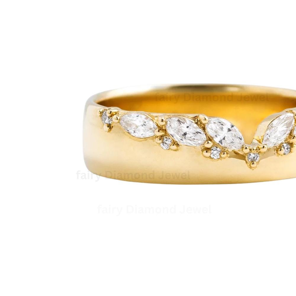 Marquise Moissanite Wedding Curved Wide Band: 14k Gold Diamond Chevron Stacking Engagement Ring