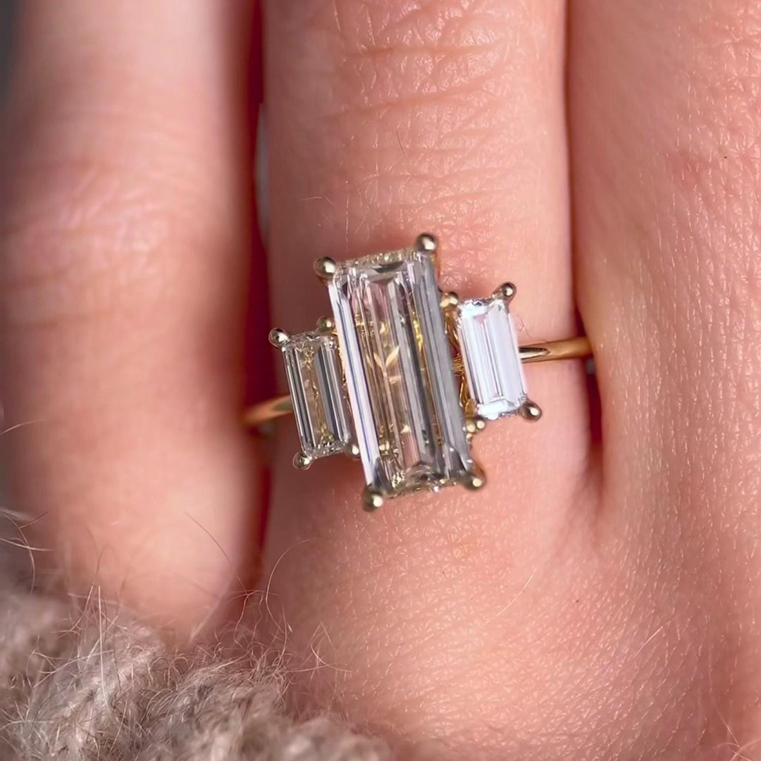 Baguette Moissanite Trilogy Ring: 18K Rose Gold Plated Promise Ring