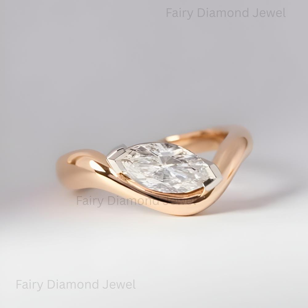 14K Gold Marquise Moissanite Bypass Ring: Modern East-West Wave Engagement Band