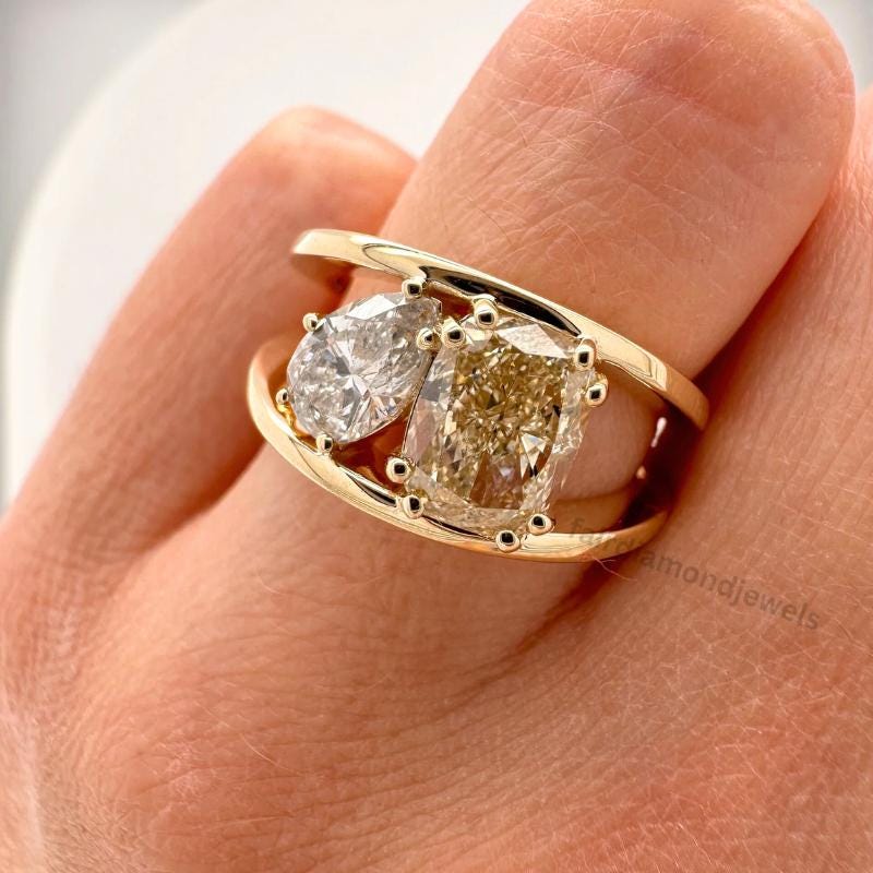 Moissanite Toi et Moi Ring - 14K Yellow Gold Two Stone Ring