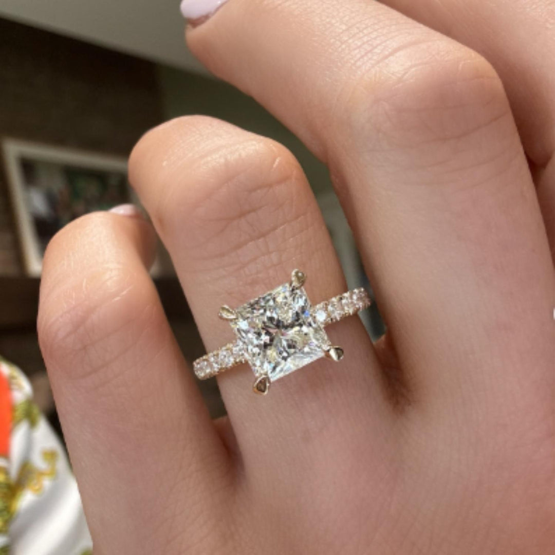 Princess Cut Moissanite Engagement Ring: 10K Rose Gold Solitaire with Diamond Prongs