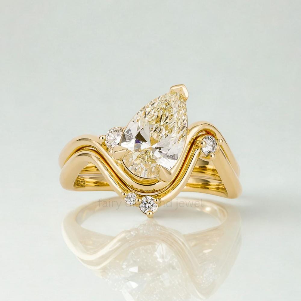 Pear Moissanite Diamond Ring Set: 14k Gold East West Wedding Band