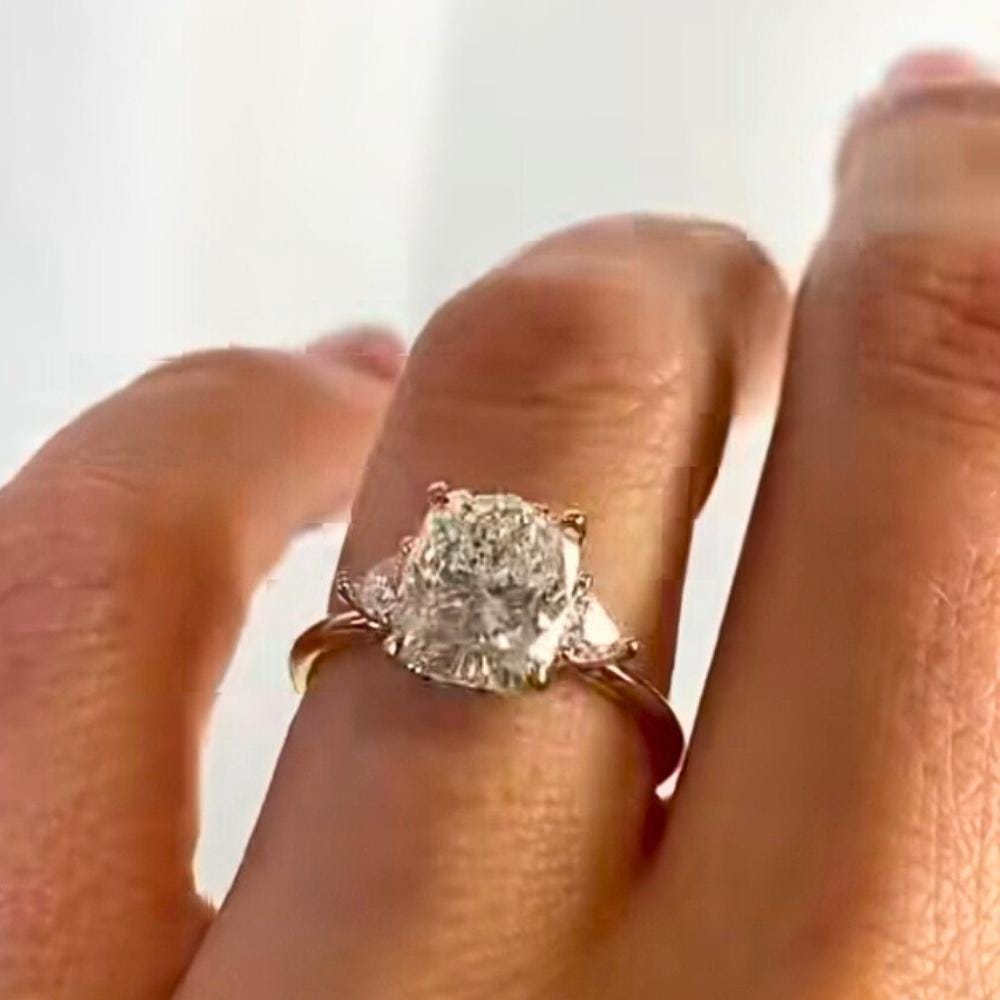 Cushion Moissanite Three Stone Ring: 14K Yellow Gold Engagement