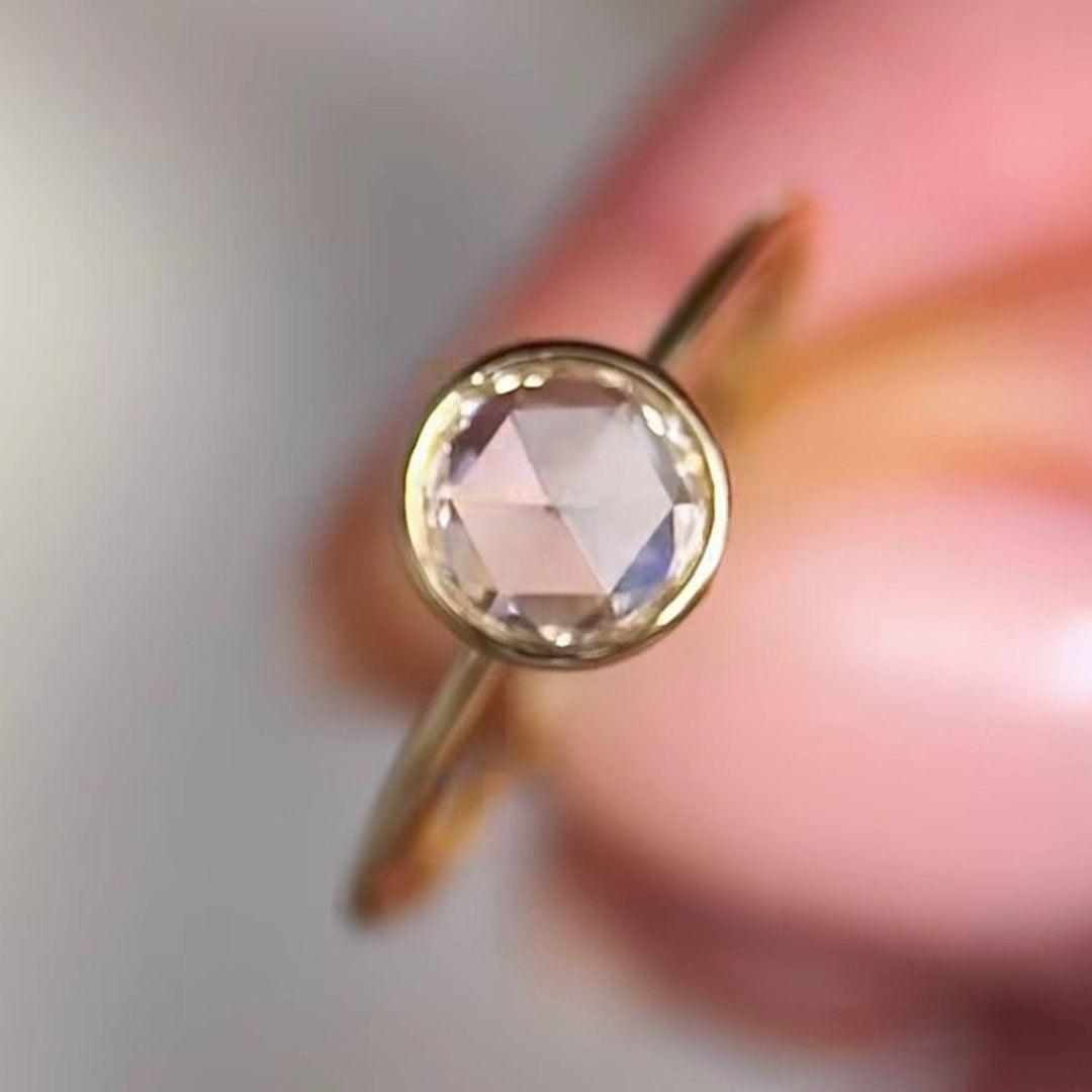 Rose Cut Moissanite Engagement Ring: 14K Gold Halo Bezel