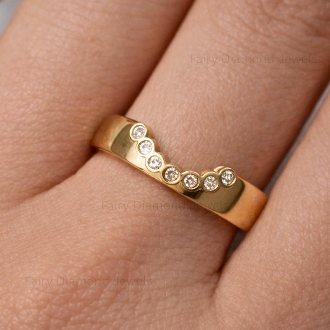 14k Yellow Gold Moissanite Cigar Contour Band, Thick Band Pave Stack U-Shaped Curved Chevron Bridal Wedding Ring for Women