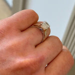 Load image into Gallery viewer, Emerald Cut Moissanite Wedding Solitaire Ring: Diamond Halo, 14K Split Shank Gold Engagement Ring
