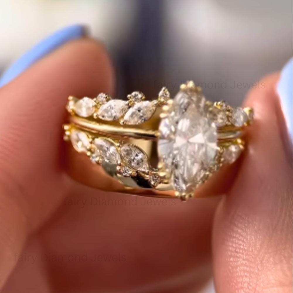 Marquise Moissanite Wedding Ring Set of 3: 14K Gold Lab Grown Diamond Curved Wide Solitaire Engagement Promise Ring