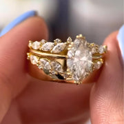 Marquise Moissanite Wedding Ring Set of 3: 14K Gold Lab Grown Diamond Curved Wide Solitaire Engagement Promise Ring
