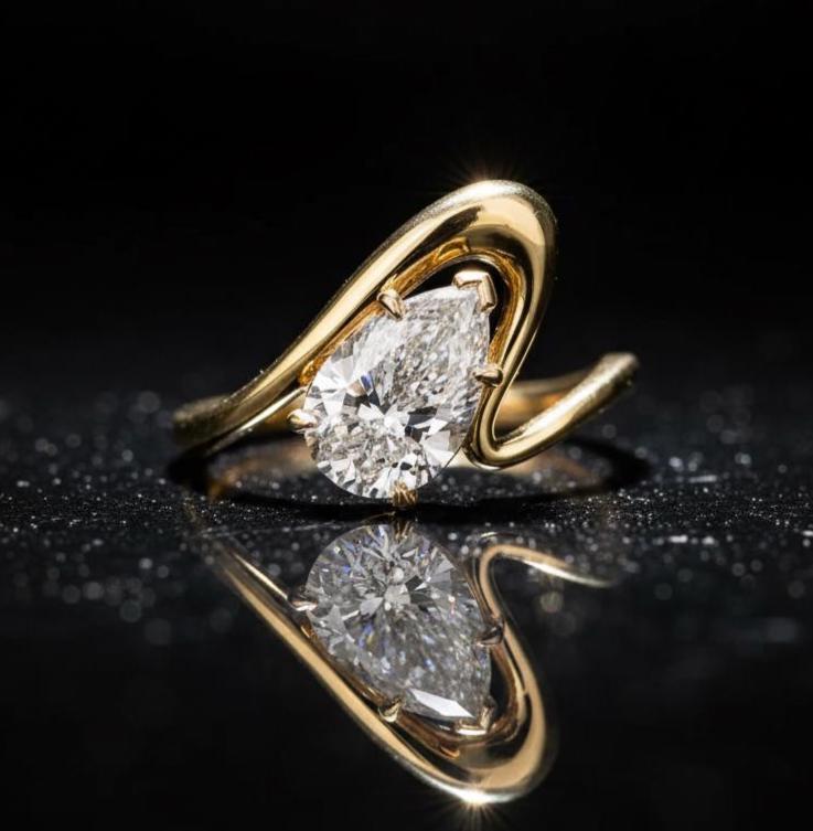 Pear Cut Moissanite Wavy Wedding Ring, Unique Boho 14k Solid Yellow Gold Teardrop Engagement Promise Band