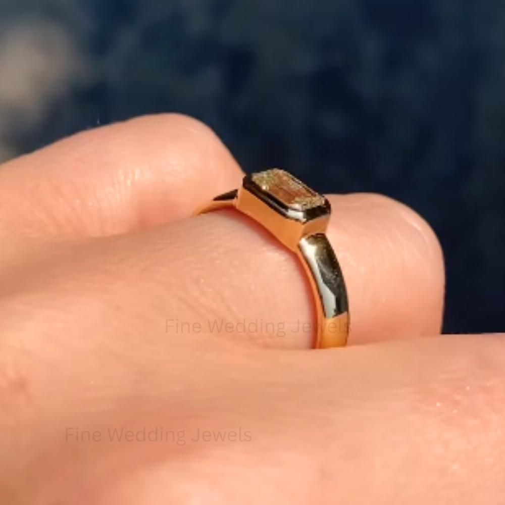 Emerald Cut Moissanite Wedding Band: 14k Yellow Gold Bezel Set Ring