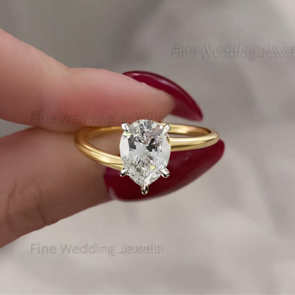 Pear Moissanite Bypass Wedding Solitaire Ring: 14k Gold Teardrop Two Tone Engagement Swoop Band