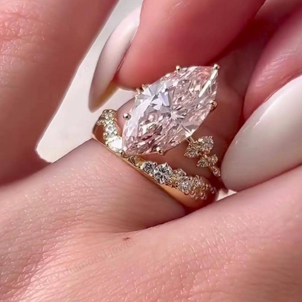 Marquise Moissanite Engagement Ring Set: Art Deco 14K Gold Curved Bridal Wedding Band Set