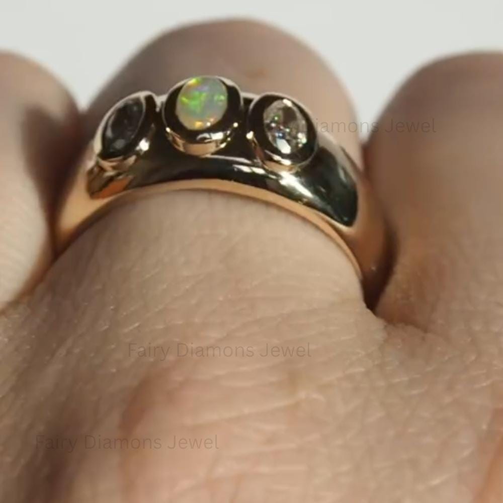 14K Gold Opal Moissanite Ring: Chunky Bezel Set Wedding Band