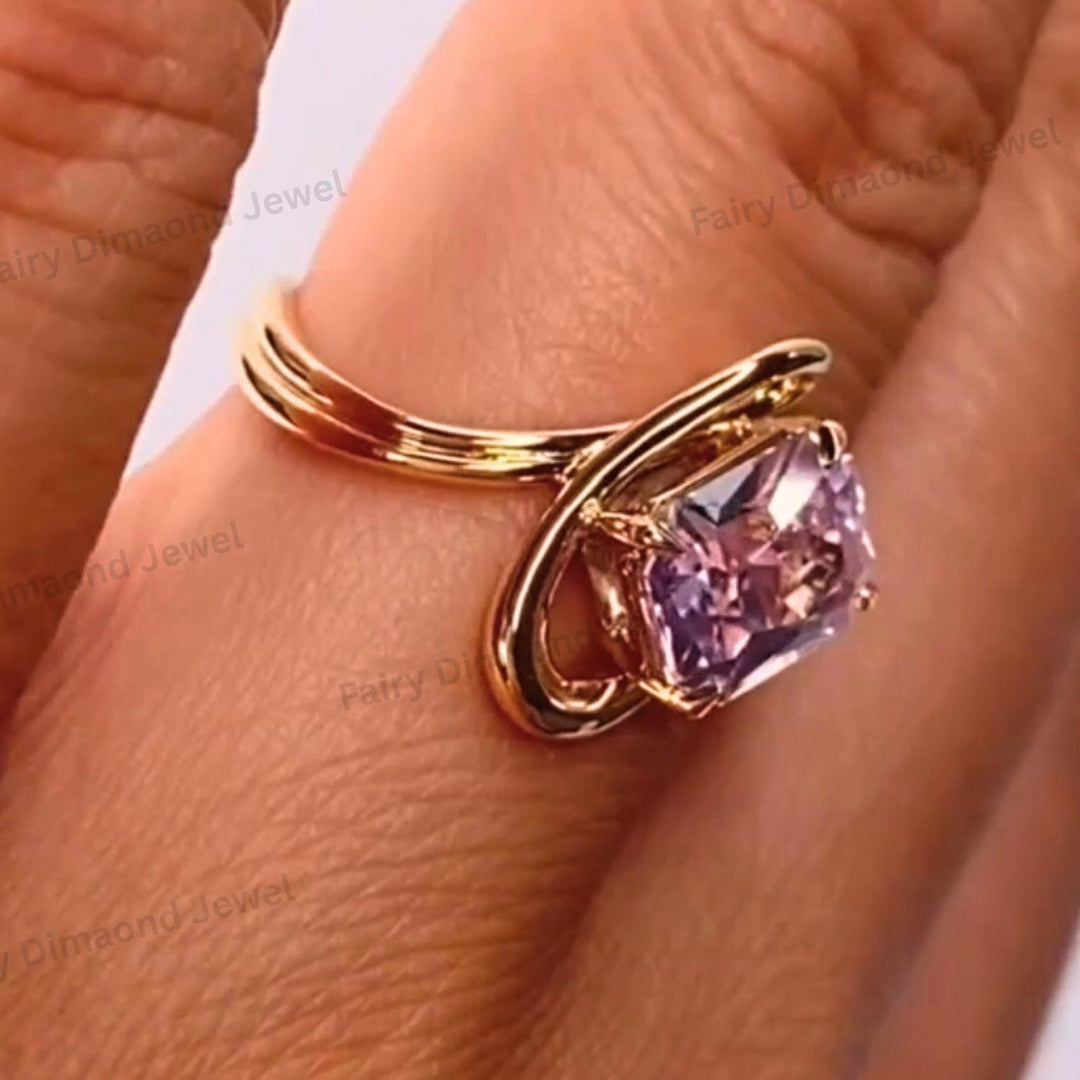 Radiant Cut Pink Sapphire Engagement Ring, 14k Yellow Gold Bridal Ring