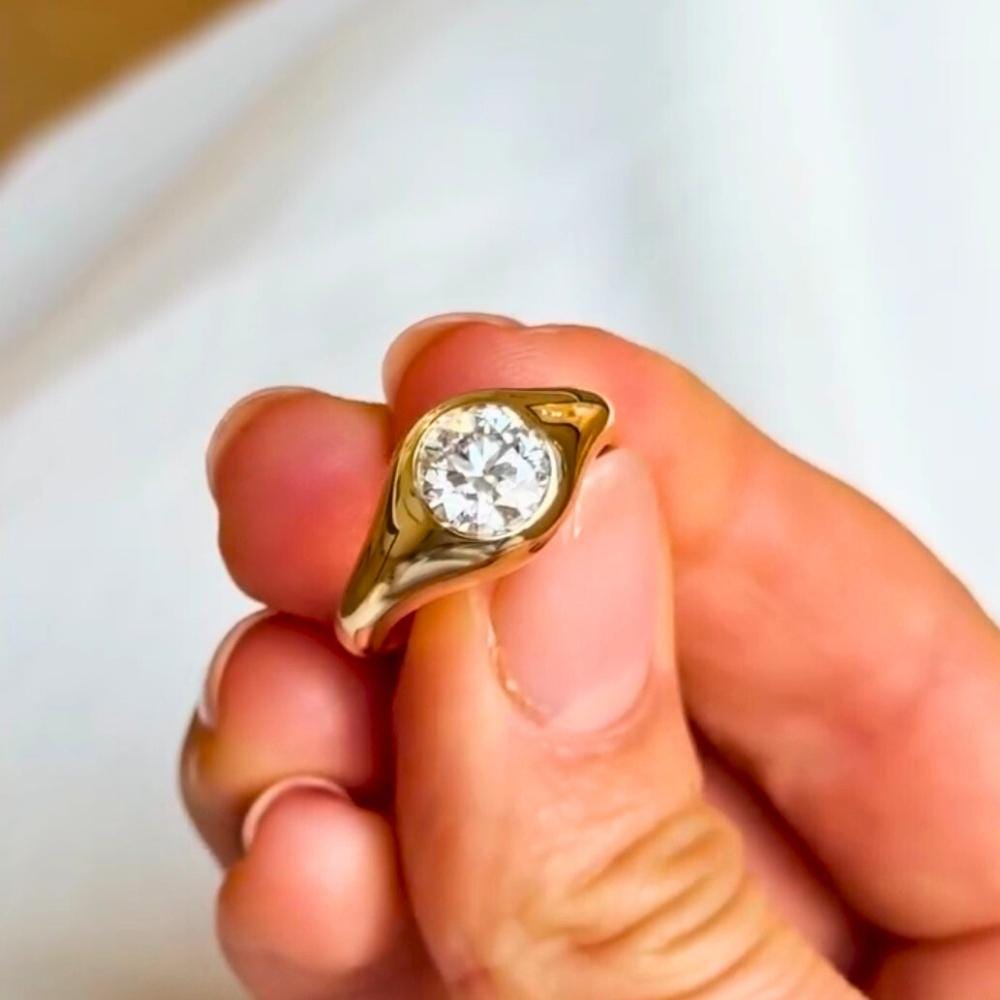 14K Gold Domed Moissanite Signet Ring, Chunky Stacking Band