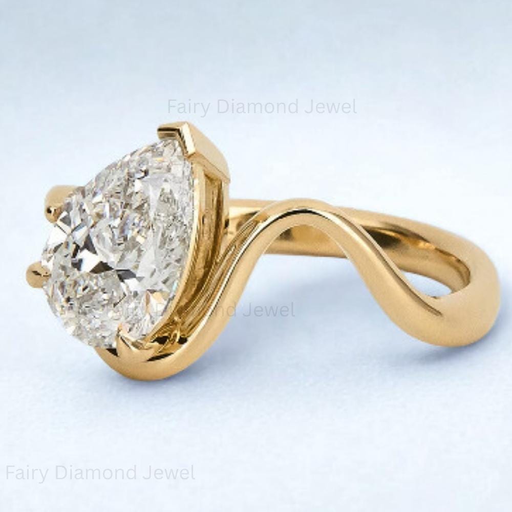 East West Pear Moissanite Ring Set, 14k Gold Pave Bridal Ring