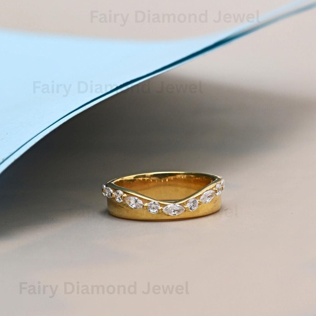 Moissanite Marquise 14k Gold Wedding Band, Deep Curved Stacking Chevron Ring