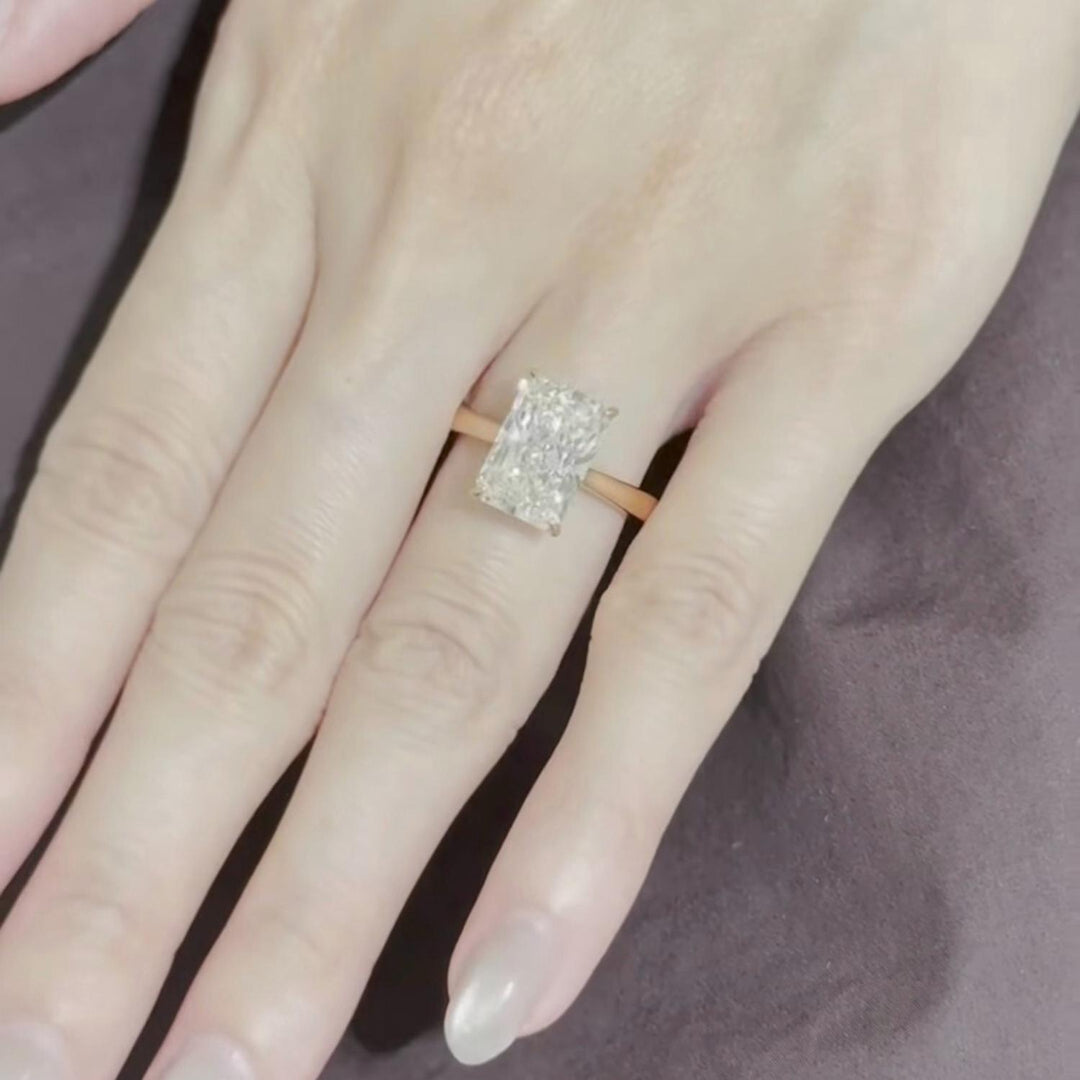 Radiant Cut Moissanite Engagement Ring: 14K Gold Hidden Halo, Silver Prongs