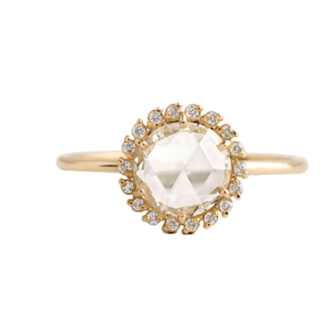 Rose Cut Moissanite Engagement Ring: 14K Gold Halo, Anniversary Ring