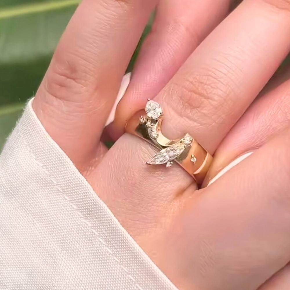Pear Moissanite Engagement Ring Set: 18k Gold Modern Contour Band