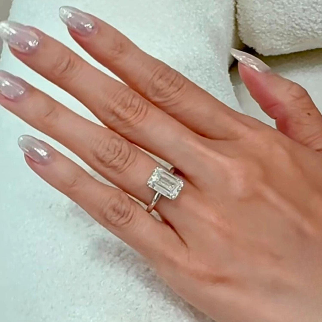 Emerald Cut Moissanite Solitaire Ring: Diamond Halo, 14K Gold Wedding Dainty Ring for Women