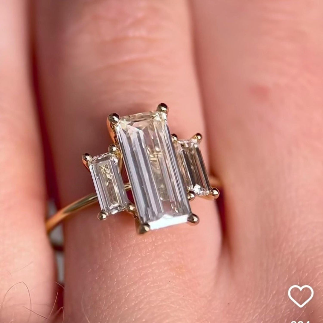 Baguette Moissanite Trilogy Ring: 18K Rose Gold Plated Promise Ring