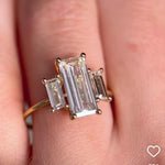 Load image into Gallery viewer, Baguette Moissanite Trilogy Ring: 18K Rose Gold Plated Promise Ring
