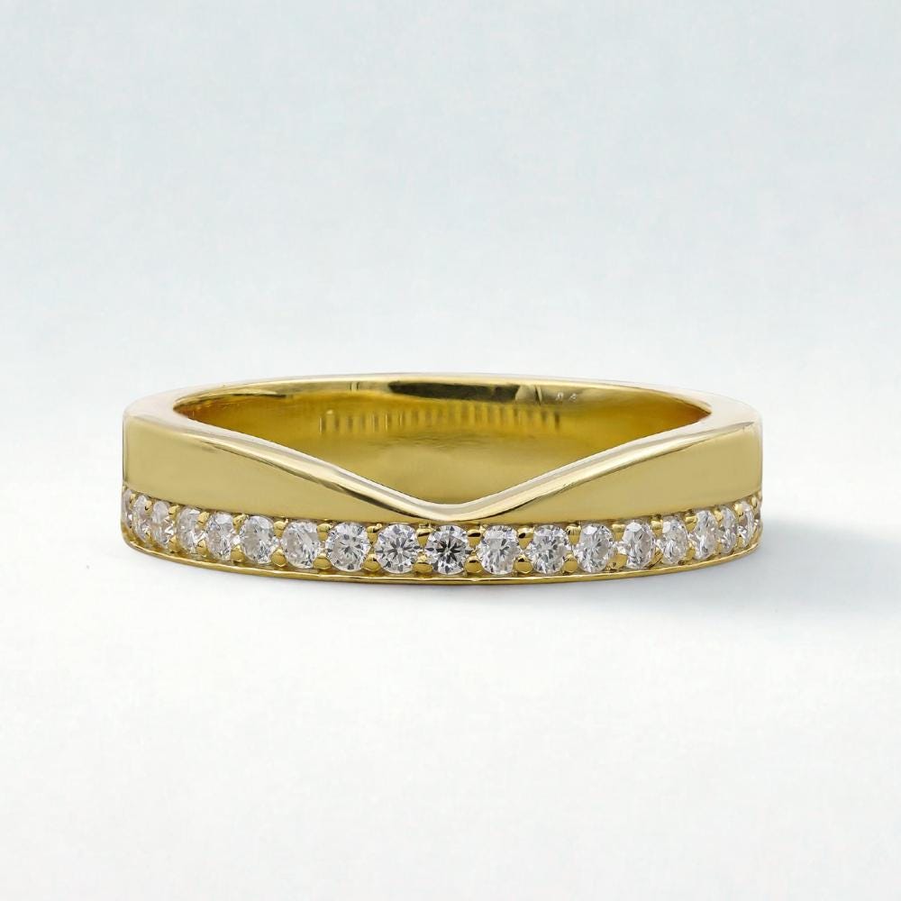 Lab Grown Diamond Pave Cigar Wedding Band, Unique Minimalist V Shaped Round Diamond Chevron Curved  Stacking Thick Wide Engagement Ring