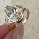 Load image into Gallery viewer, Antique Oval Moissanite Three Stone Ring: 14K Yellow Gold Bezel Wedding Band
