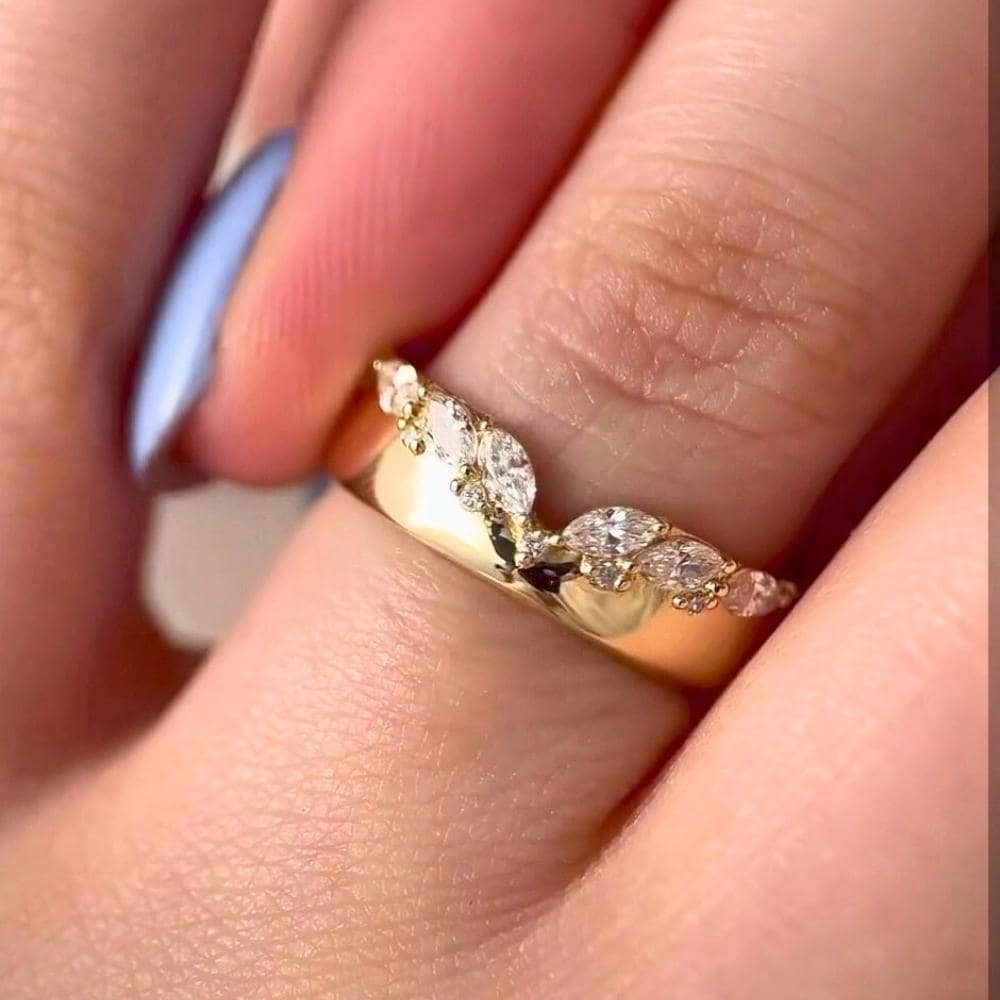Marquise Moissanite Wedding Curved Wide Band: 14k Gold Diamond Chevron Stacking Engagement Ring