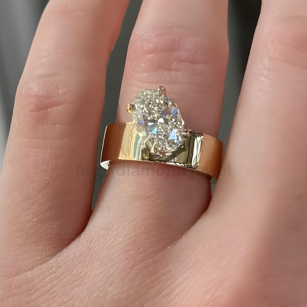 Oval Cut Moissanite Wedding Wide Band, Unique 14K Yellow Solid Gold 4 Prongs Set 6MM Engagement Stacking Promise Ring for Women