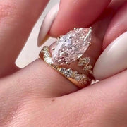 Round & Marquise Moissanite Gold Curved Wide Band, Unique Wedding Stacking Engagement Ring, V Shape Band in 14k Solid Gold for Women