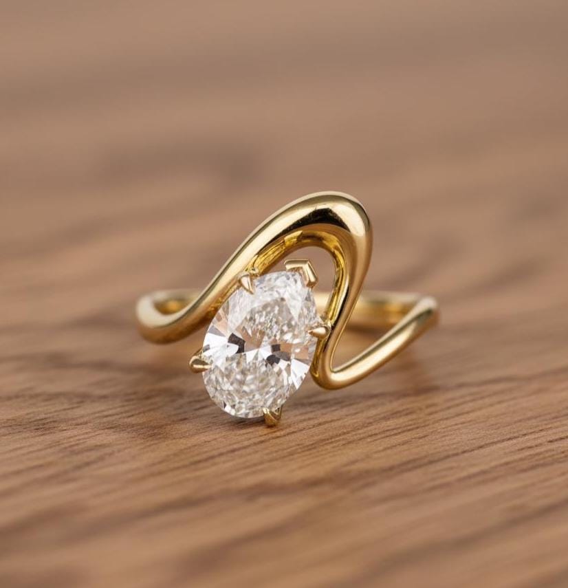 Pear Cut Moissanite Wavy Wedding Ring, Unique Boho 14k Solid Yellow Gold Teardrop Engagement Promise Band