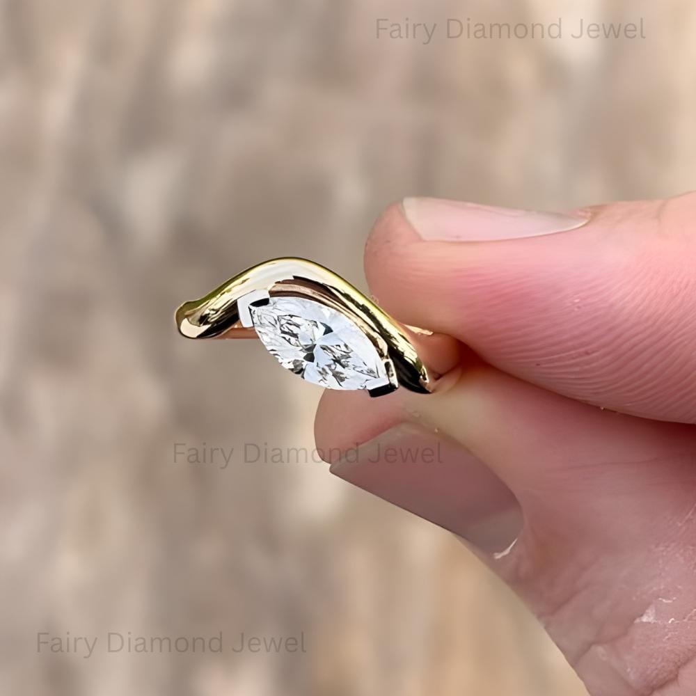 14K Gold Marquise Moissanite Bypass Ring: Modern East-West Wave Engagement Band