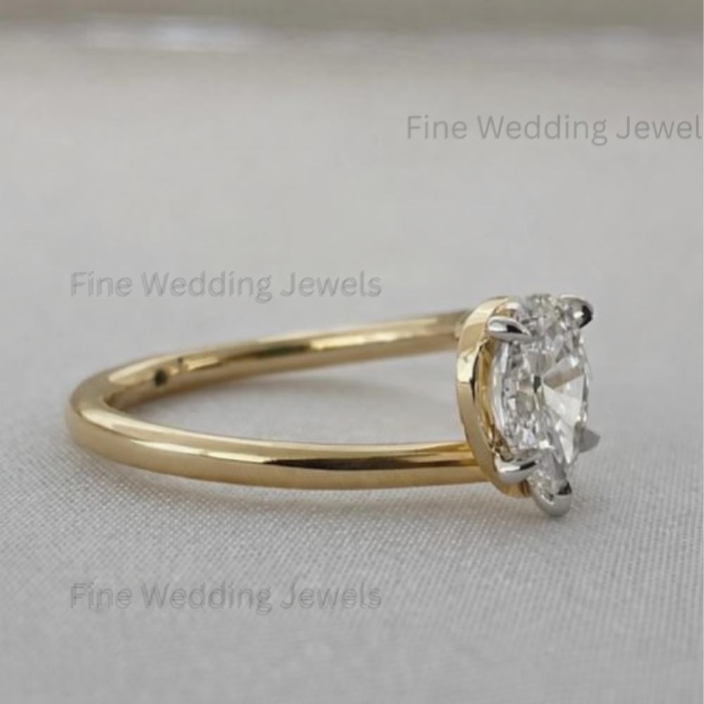 Pear Moissanite Bypass Wedding Solitaire Ring: 14k Gold Teardrop Two Tone Engagement Swoop Band