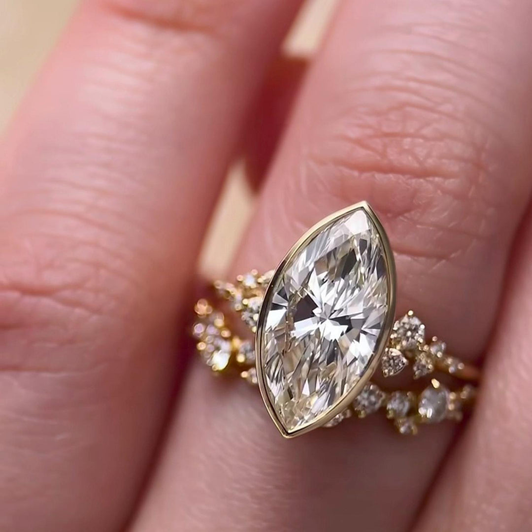 14K Gold Marquise Cut Moissanite Engagement Solitaire Ring: Bezel Snowdrift Design