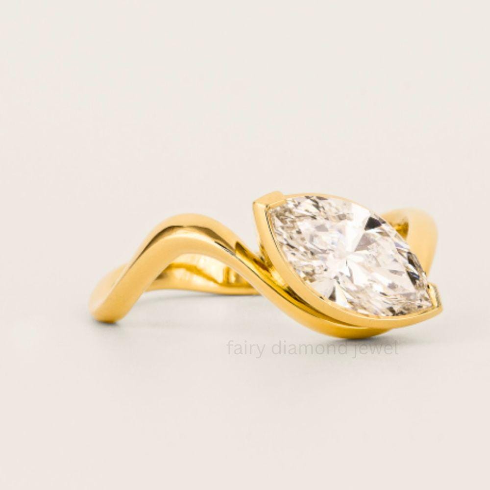 Marquise Moissanite Engagement Promise Ring: East-West 14k Yellow Gold Wedding Band
