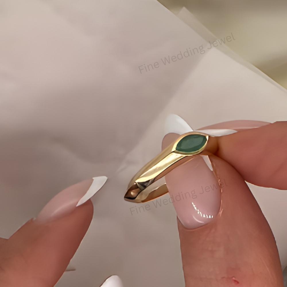 Marquise Emerald Signet Ring, Bezel Set 14K Gold Solitaire Band