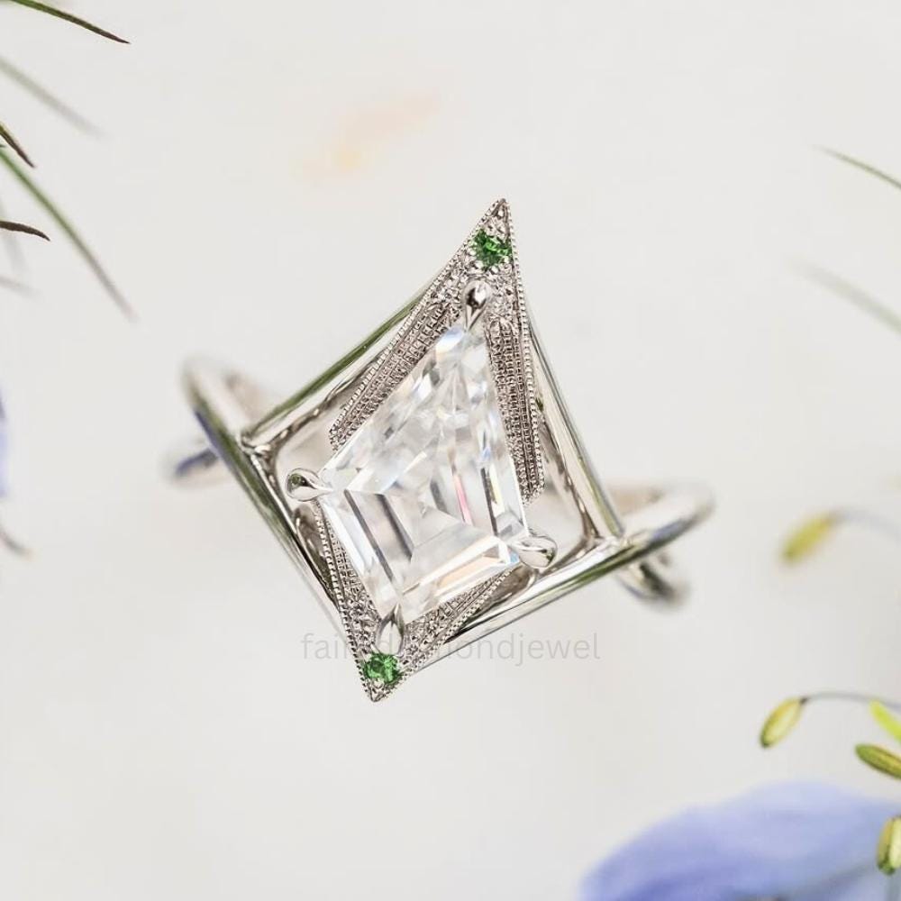 Kite Cut Moissanite Engagement Ring: Art Deco 14K Gold Split Shank
